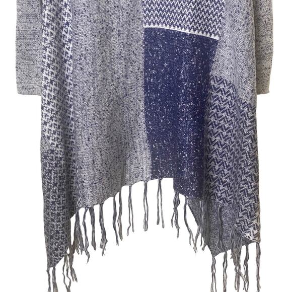 Knox Rose Blue Patchwork Boho Fringe Shawl Collar Sweater - Picture 4 of 9